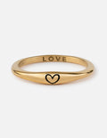 Gold love ring with LOVE text and black heart emblem on the band