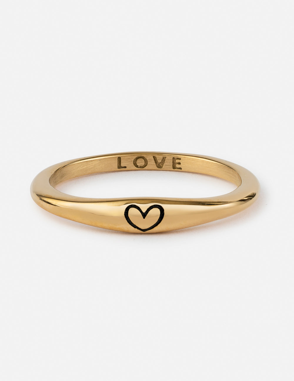 Gold love ring with LOVE text and black heart emblem on the band