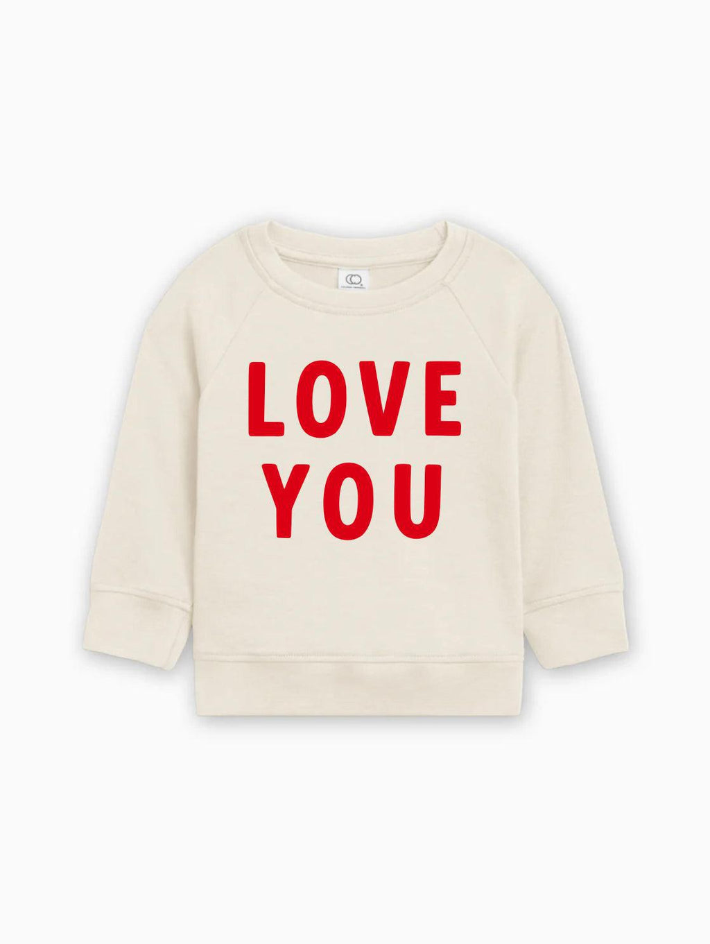 Baby toddler pullover in natural cream, “LOVE YOU” graphic in red on front