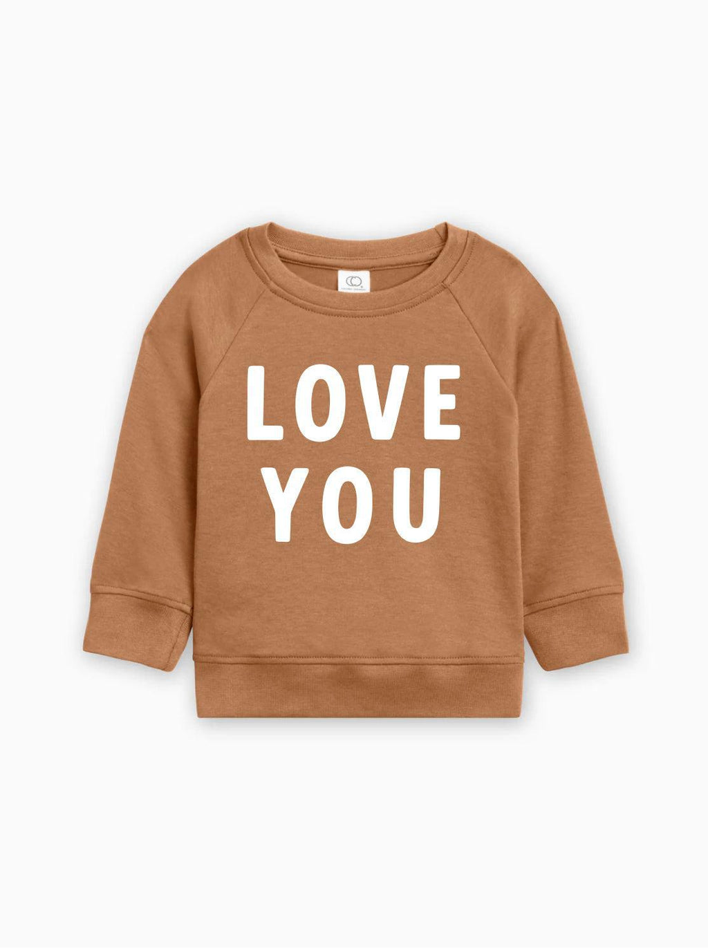 Baby toddler pullover in ginger brown, “LOVE YOU” graphic on front