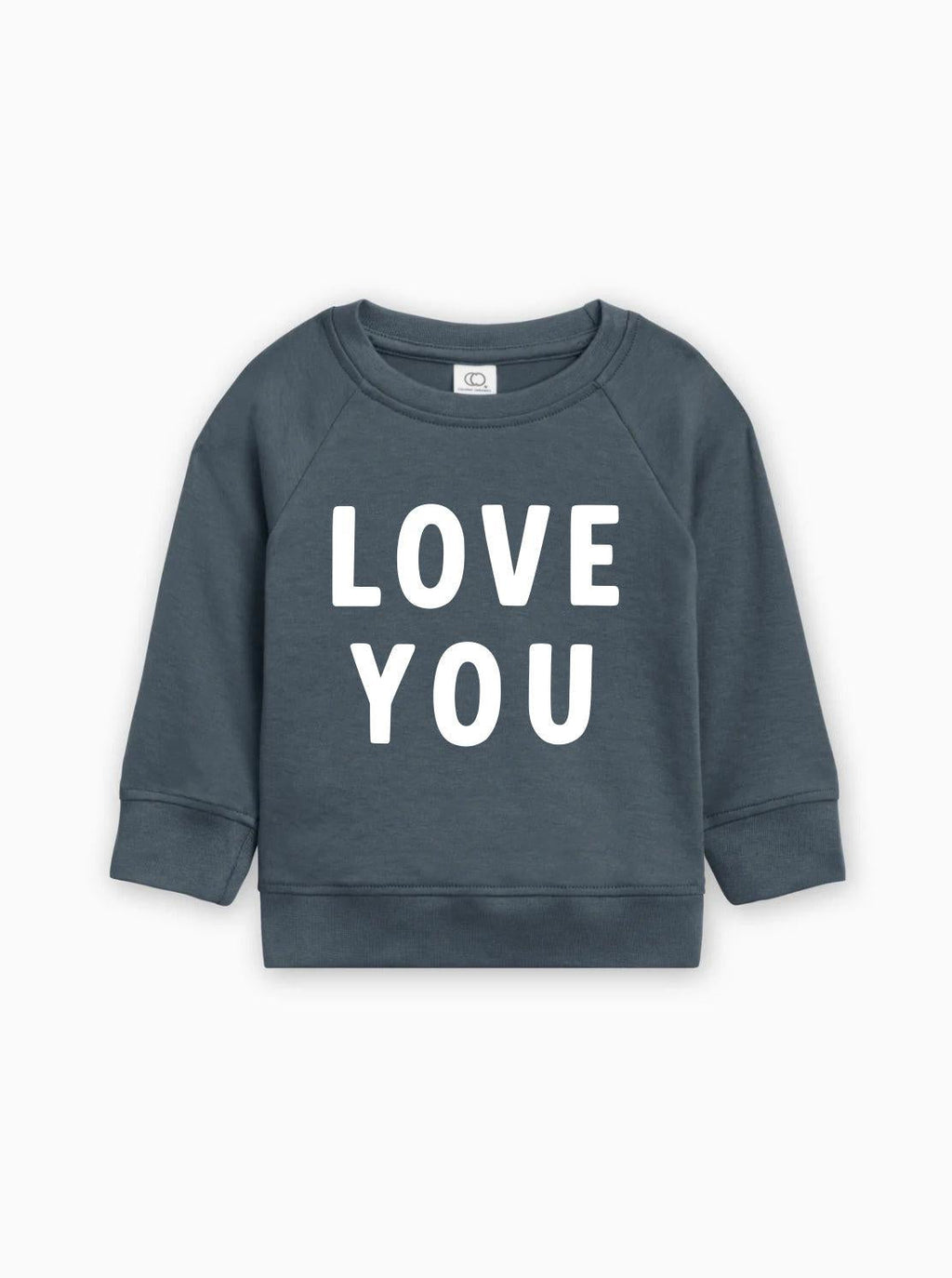 Baby toddler pullover in dark blue, “LOVE YOU” graphic in white on front