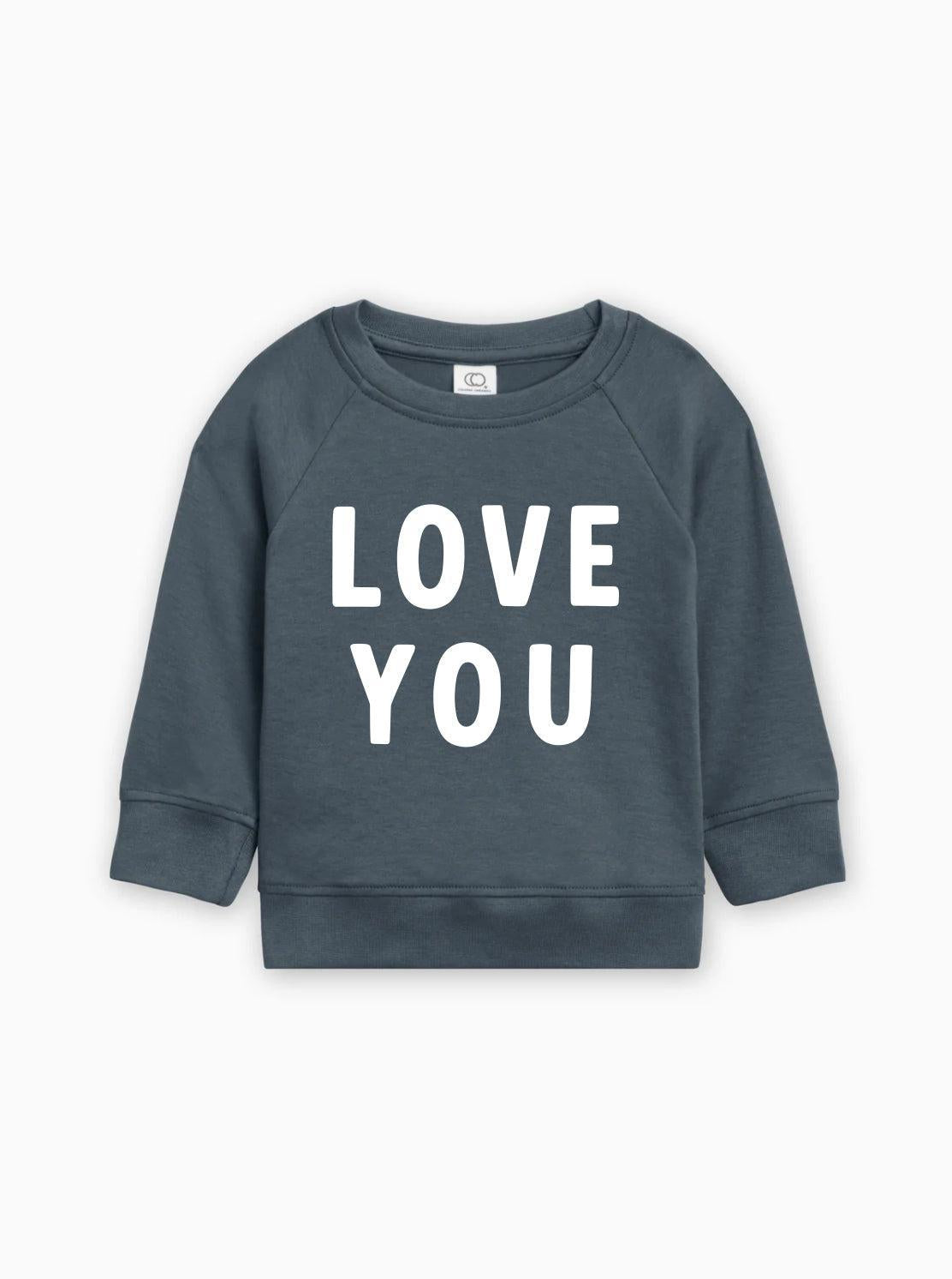 Baby toddler pullover in dark blue, “LOVE YOU” graphic in white on front