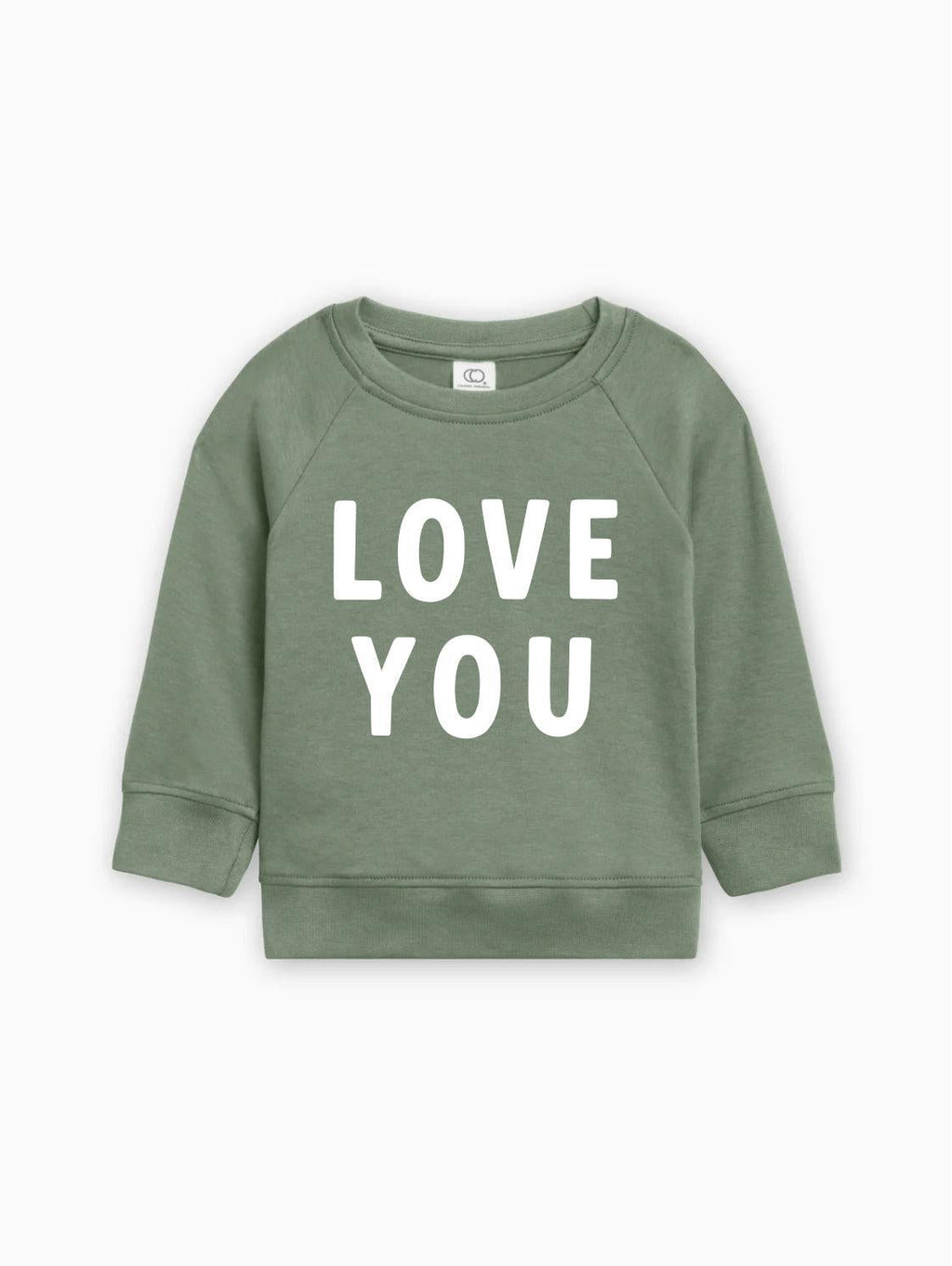 Baby toddler pullover in thyme green, “LOVE YOU” graphic in white on front