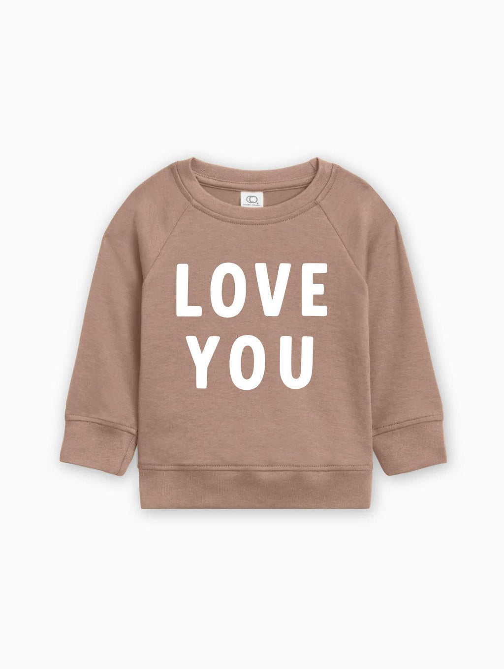 Baby toddler pullover in soft tan, “LOVE YOU” graphic on front
