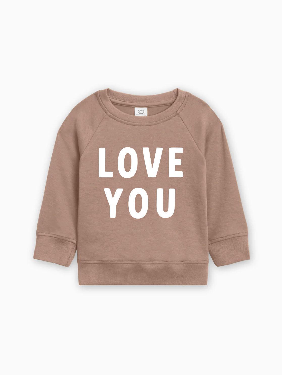 Baby toddler pullover in soft tan, “LOVE YOU” graphic on front