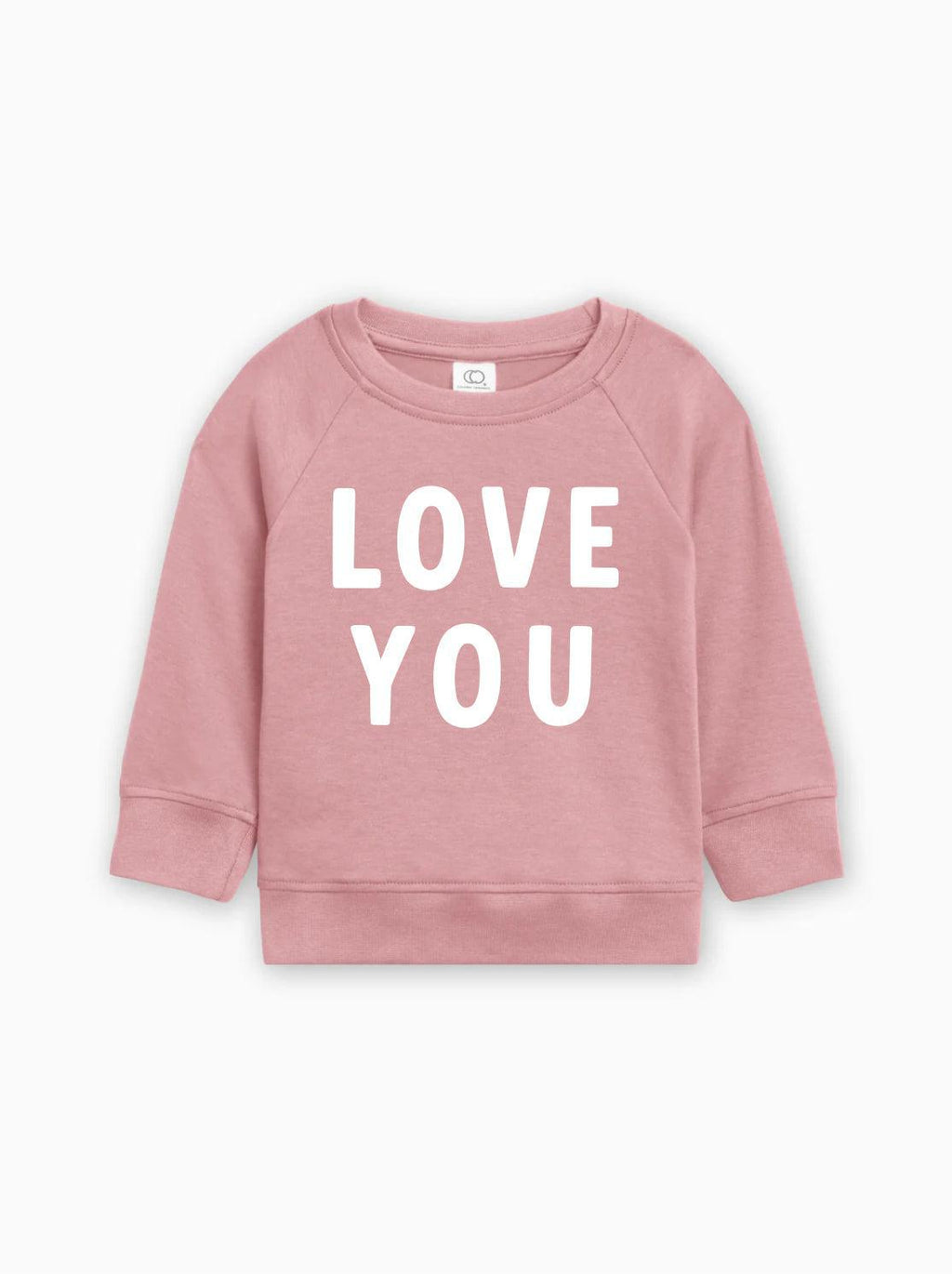 Baby toddler pullover in rose pink, “LOVE YOU” graphic on front