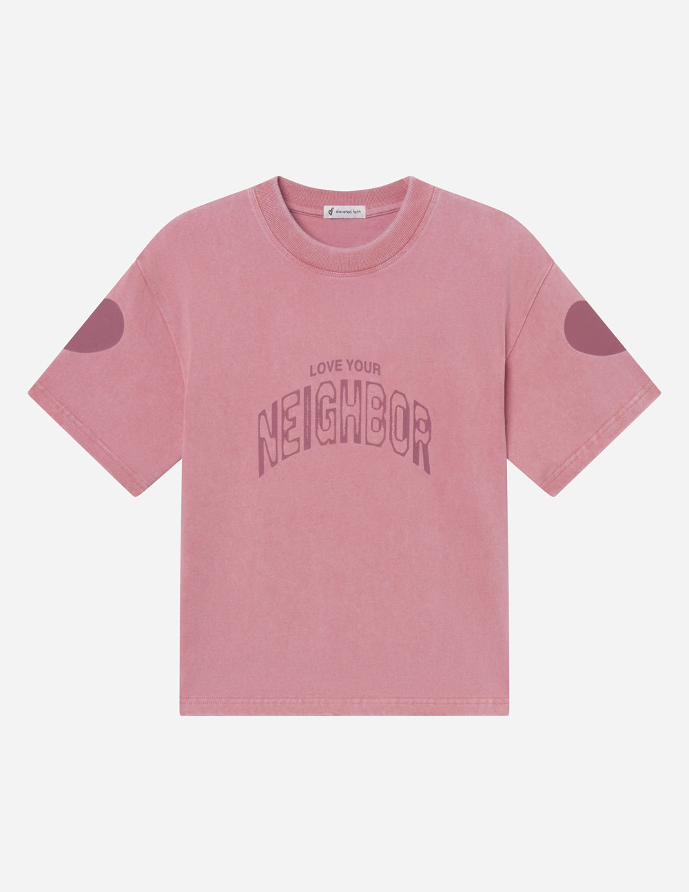 Pink short-sleeve crewneck tee with centered Love Your Neighbor graphic
