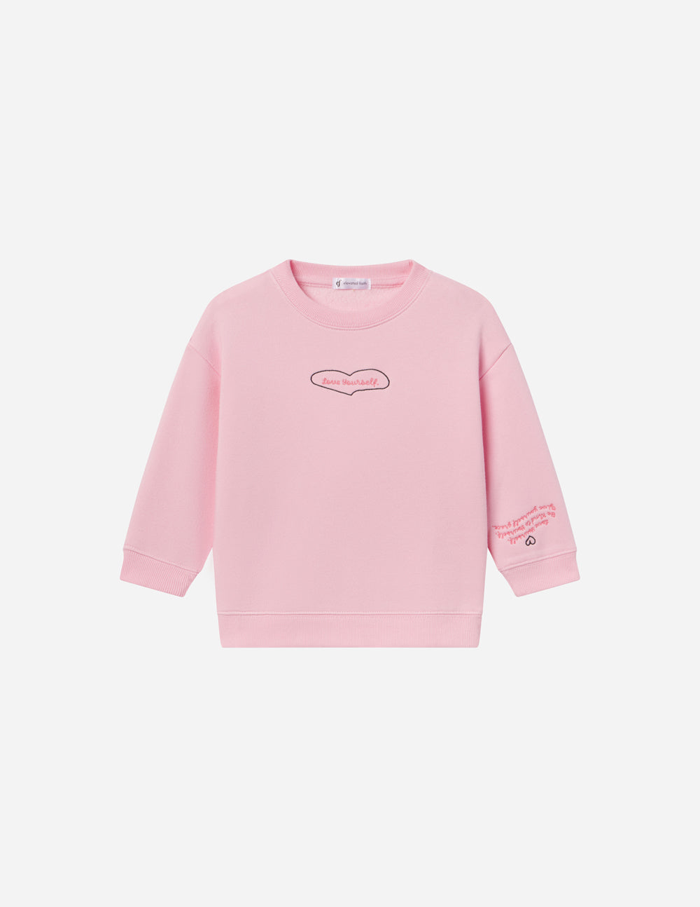 Pink kids crewneck sweatshirt with embroidered heart outline on chest; long sleeves
