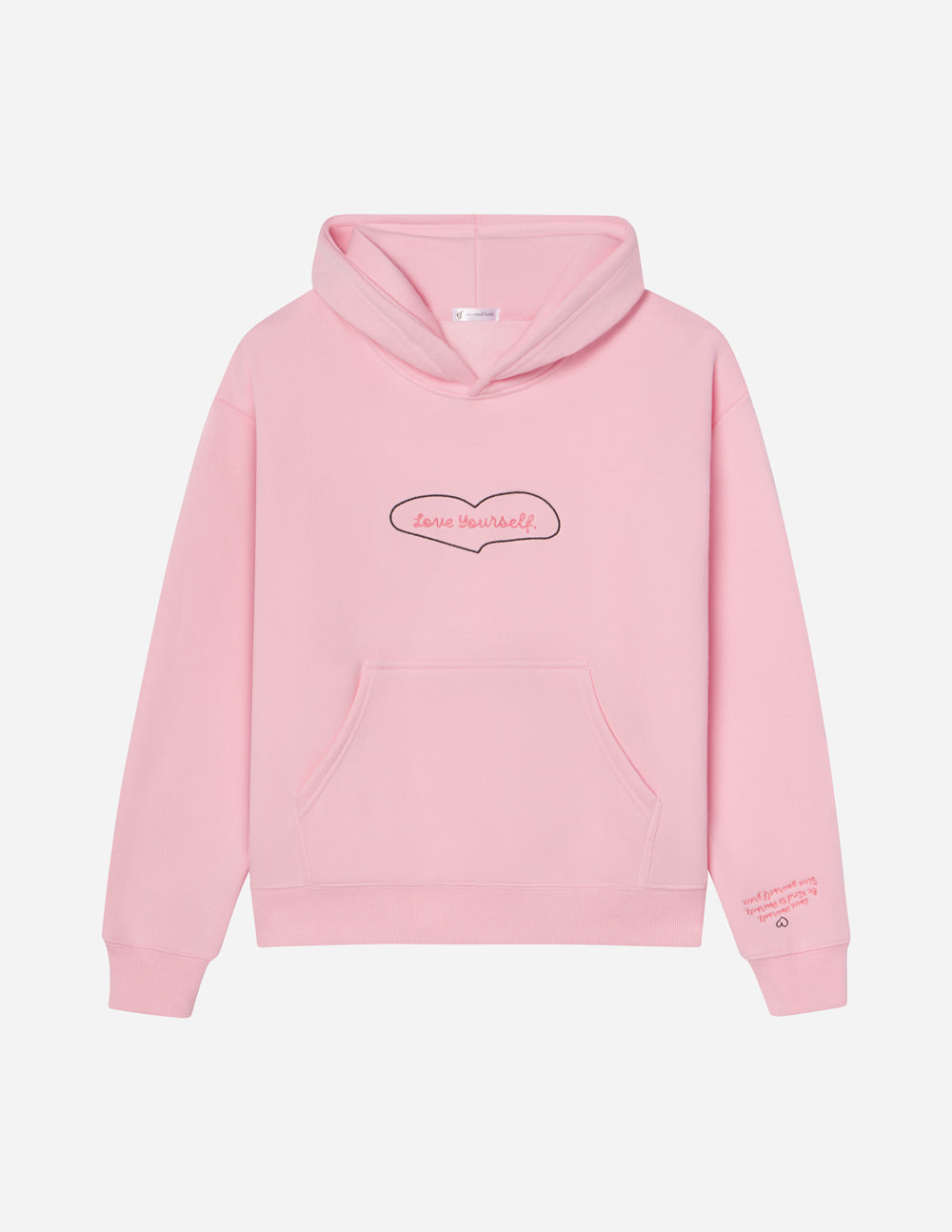 Pink unisex hoodie front view with hood, heart “Love Yourself” chest logo, and pocket.