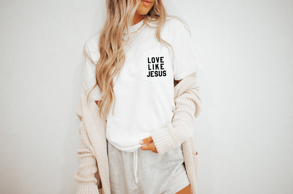 White short-sleeve T-shirt with Love Like Jesus chest graphic