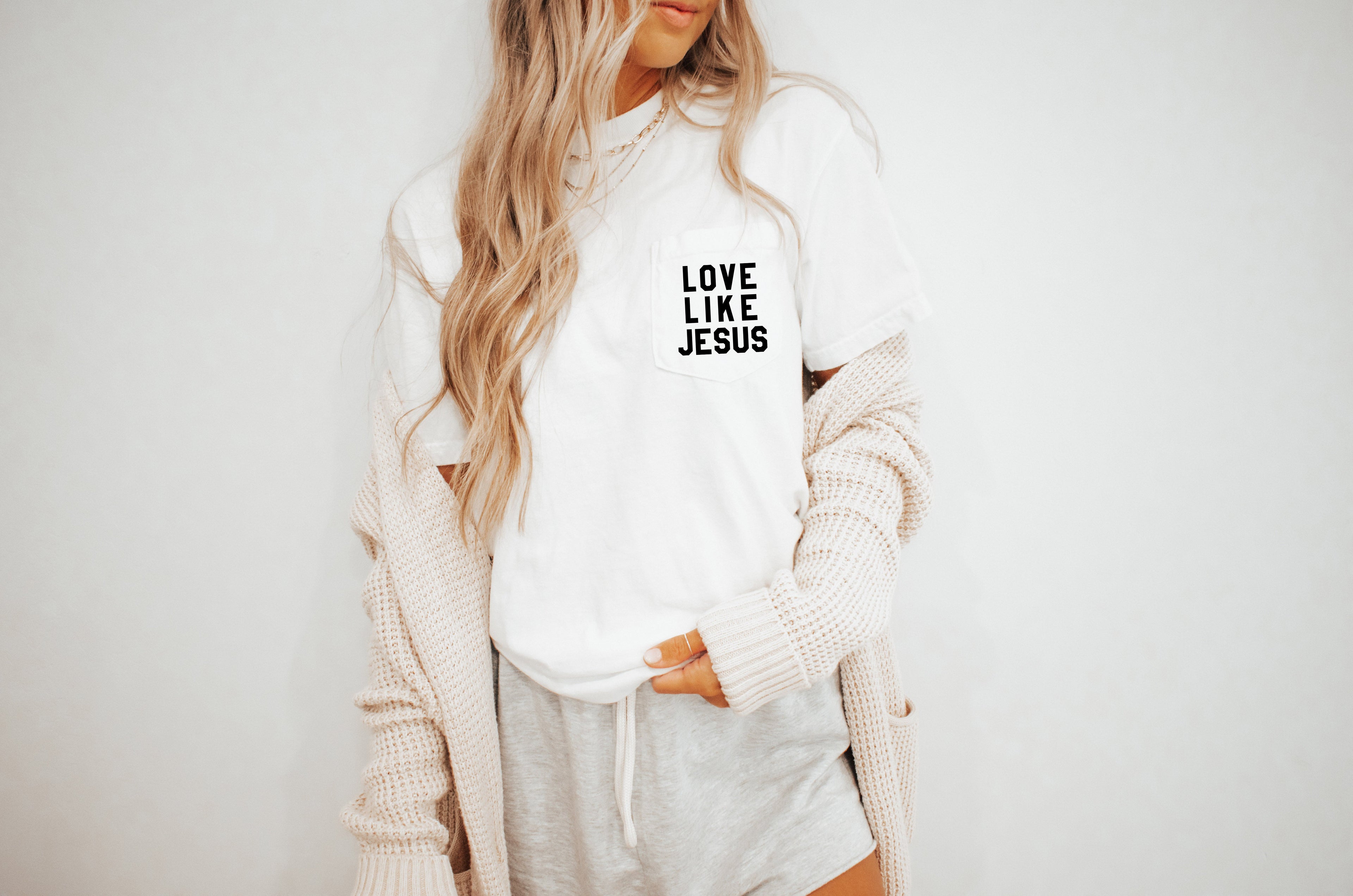 White short-sleeve T-shirt with Love Like Jesus chest graphic