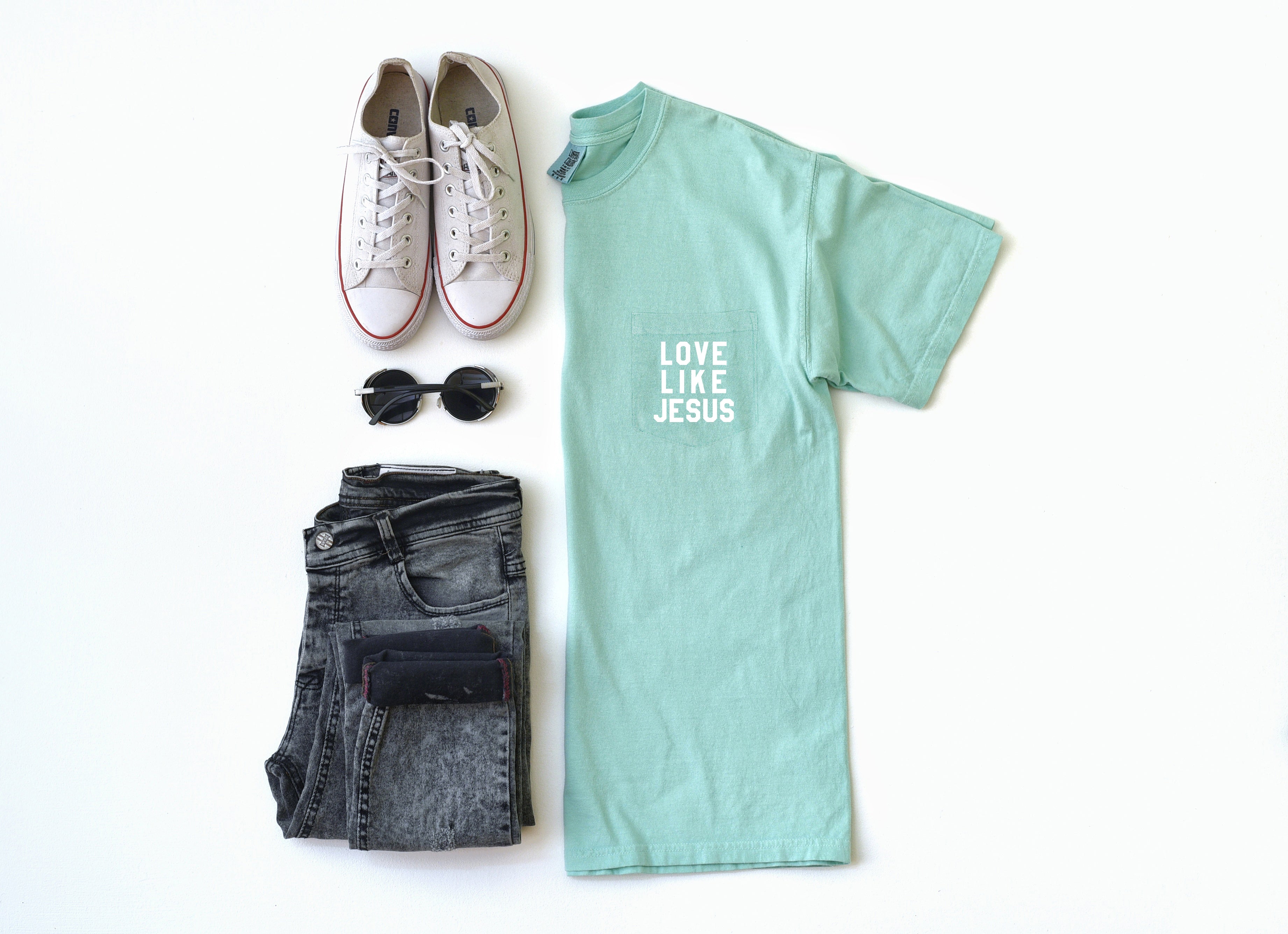 Mint green short-sleeve T-shirt with Love Like Jesus chest graphic