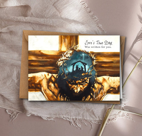 Easter greeting card with glowing cross, horses, and “Love’s True Story” text