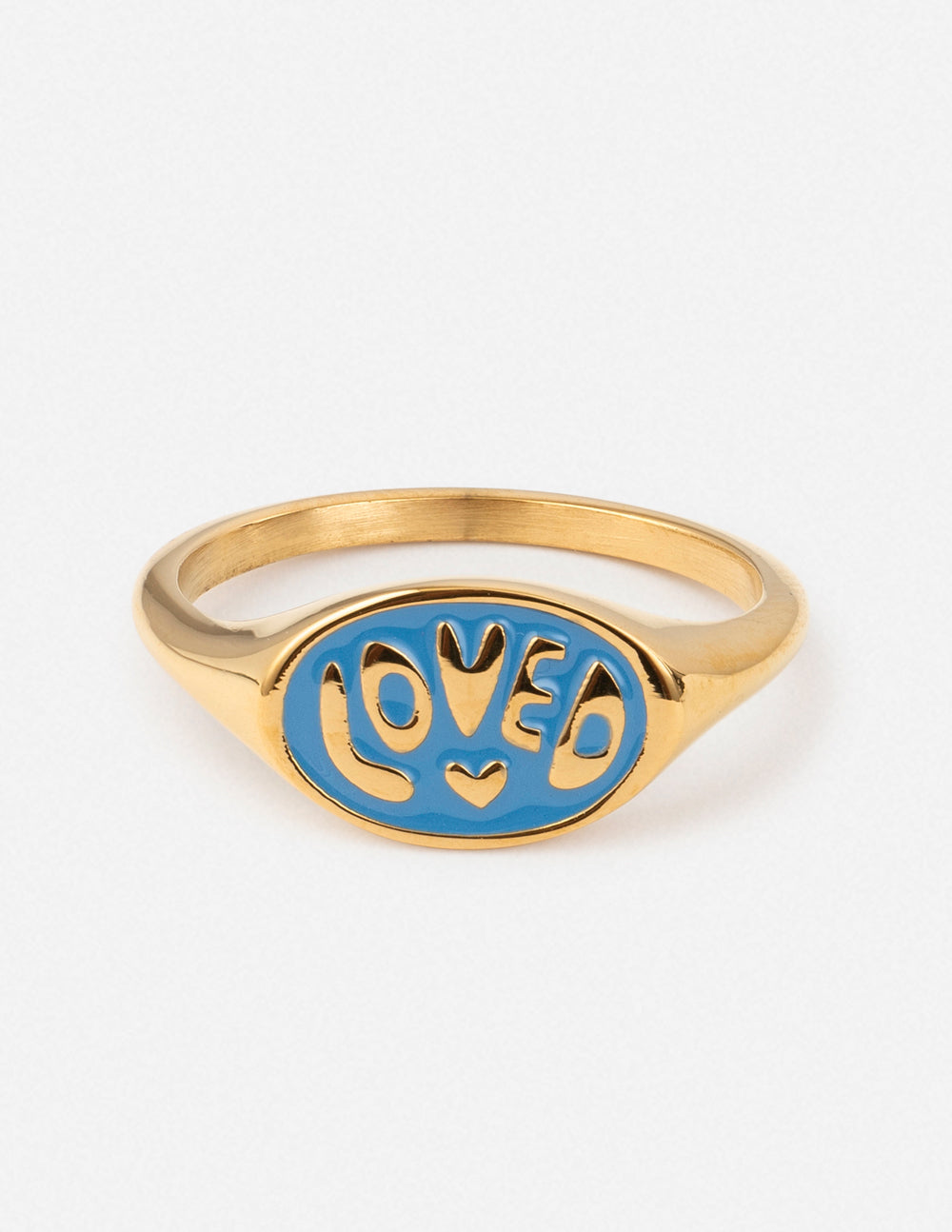 Gold oval signet ring with blue enamel face marked LOVED
