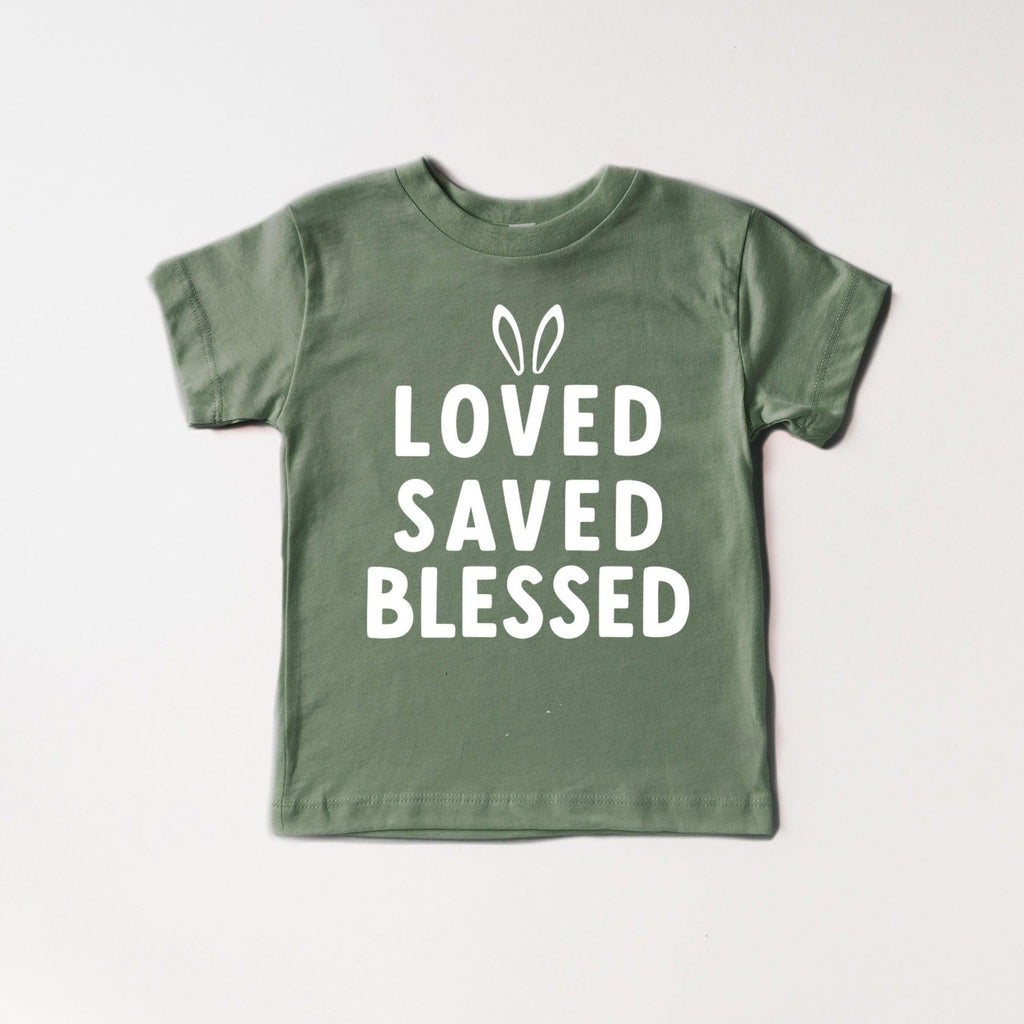 Thyme green baby and kids organic cotton T-shirt with 'LOVED SAVED BLESSED' print