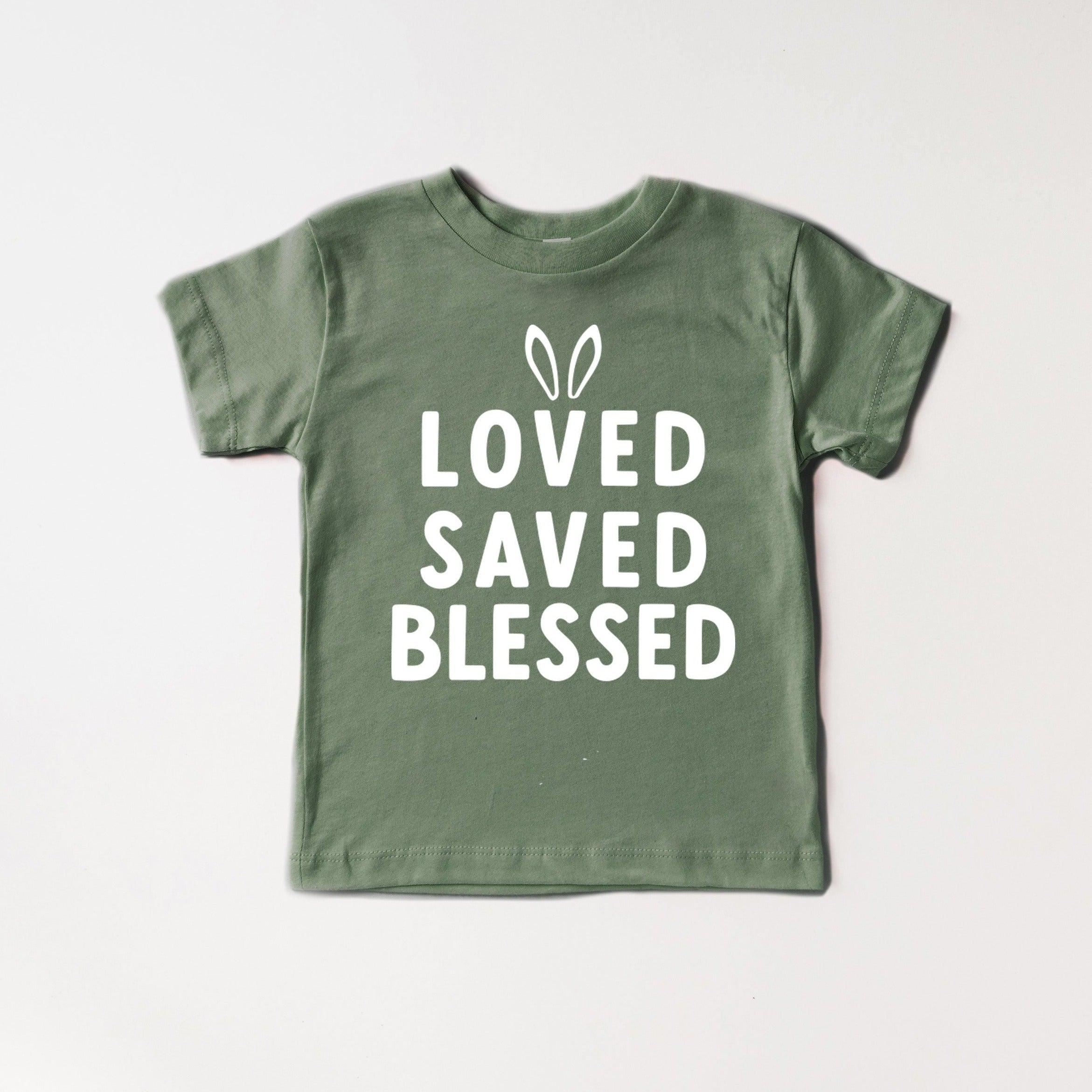 Thyme green baby and kids organic cotton T-shirt with 'LOVED SAVED BLESSED' print
