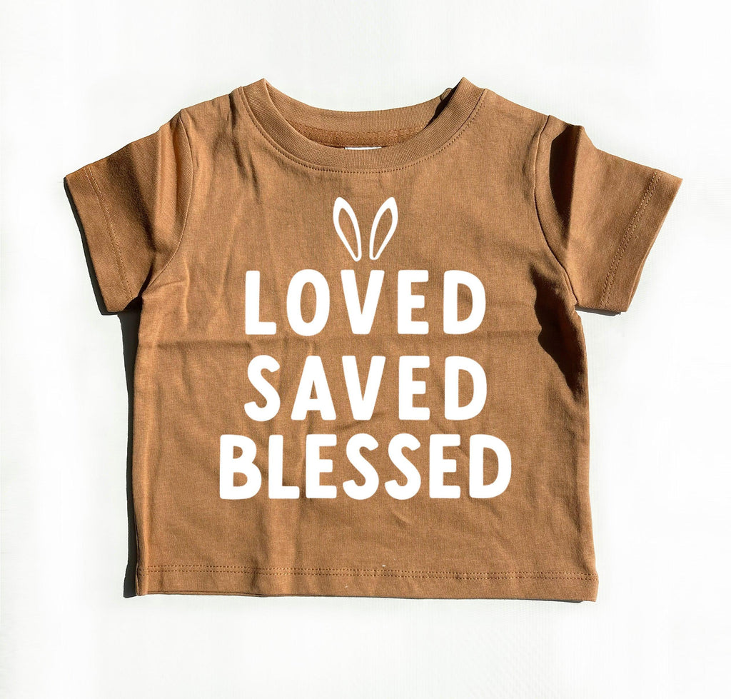 Ginger brown baby and kids organic cotton T-shirt with 'LOVED SAVED BLESSED' print