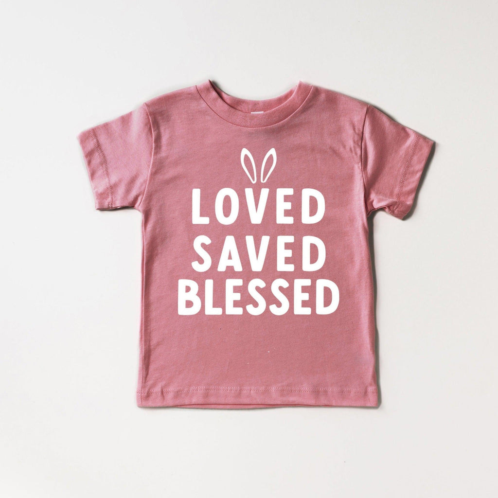 Rose baby and kids organic cotton T-shirt with 'LOVED SAVED BLESSED' print