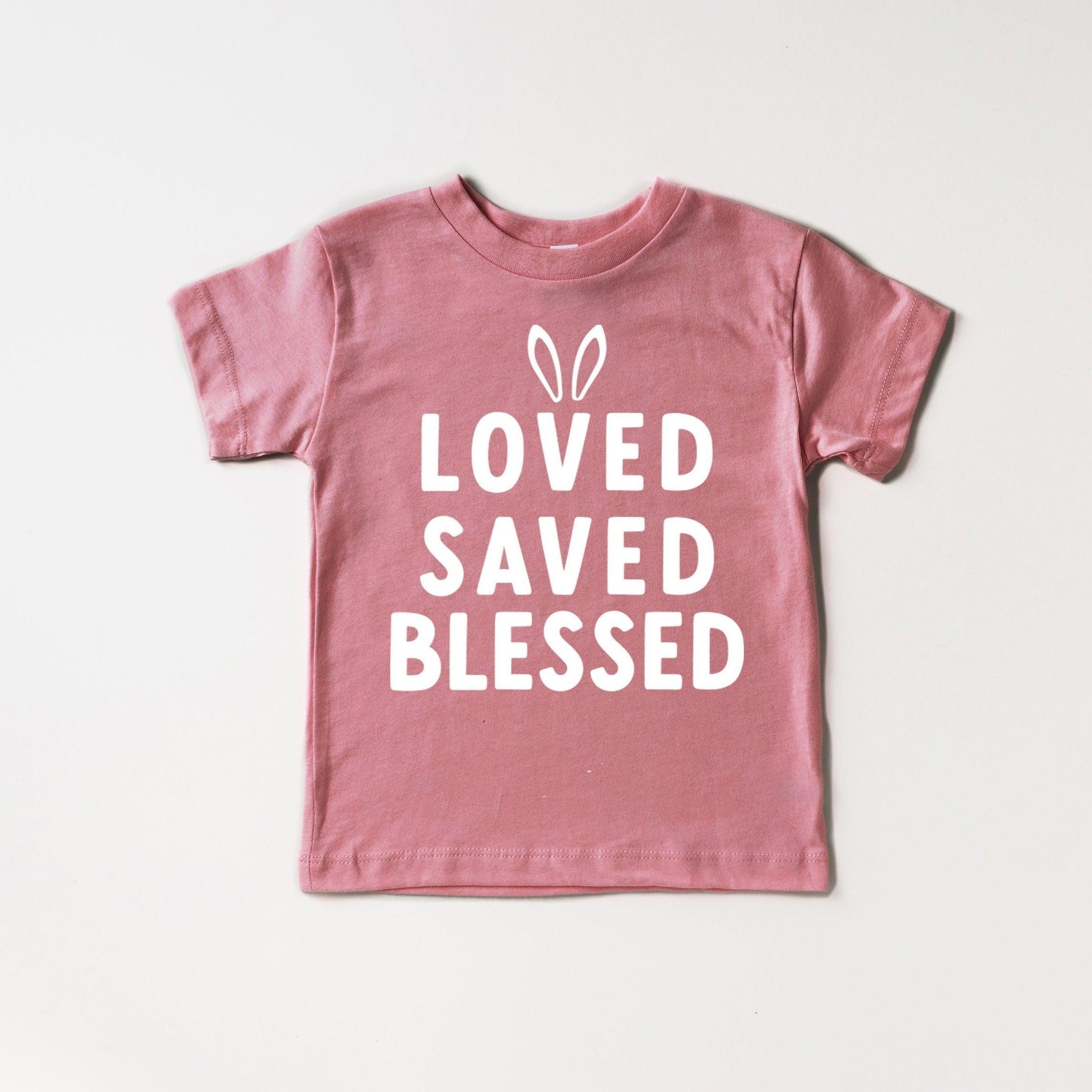 Rose baby and kids organic cotton T-shirt with 'LOVED SAVED BLESSED' print