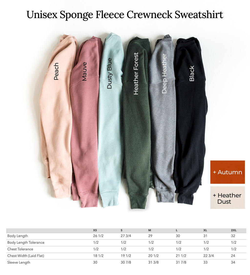 Sponge fleece crewneck sweatshirt color options, including heather forest and black