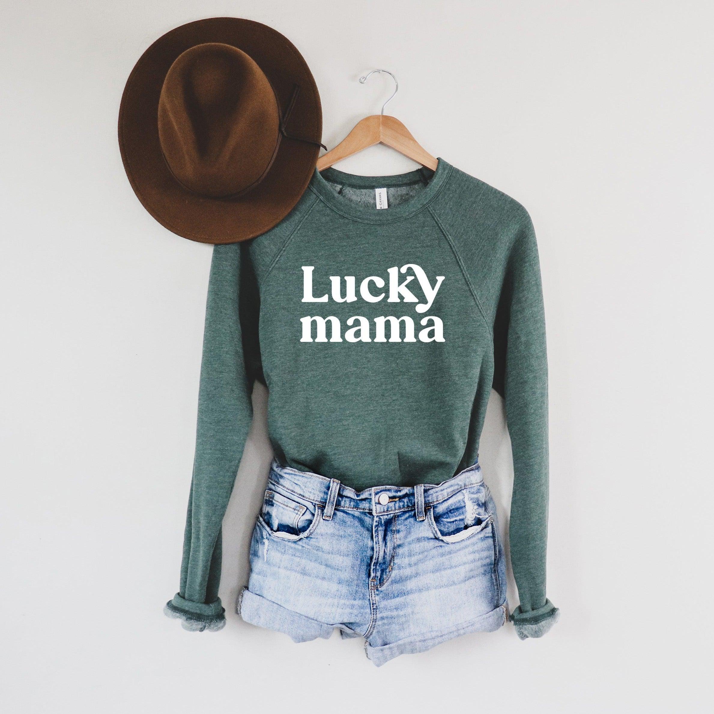 Heather forest raglan sweatshirt with “Lucky mama” print