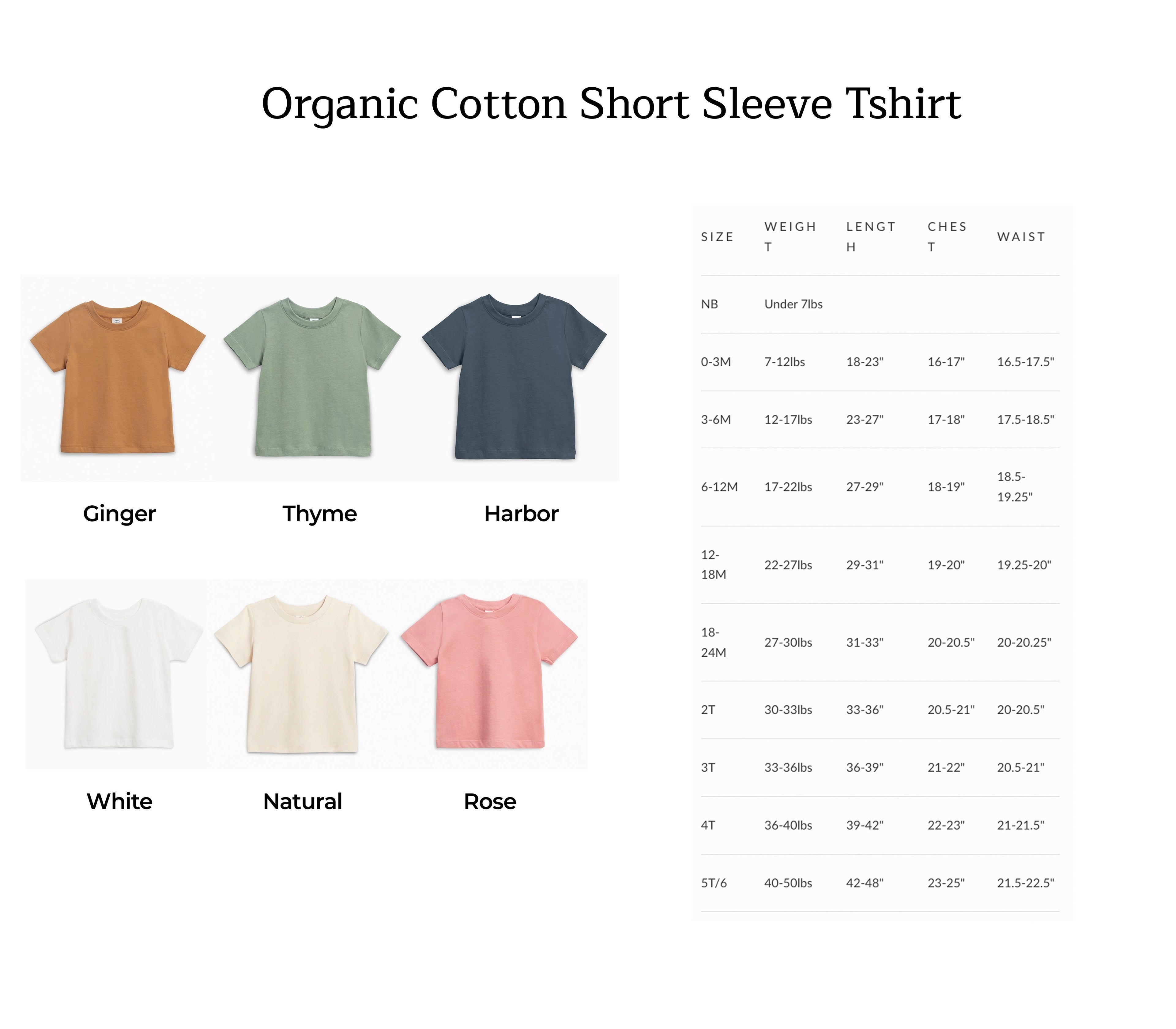 Organic cotton short sleeve T-shirt size chart with color thumbnails and measurements