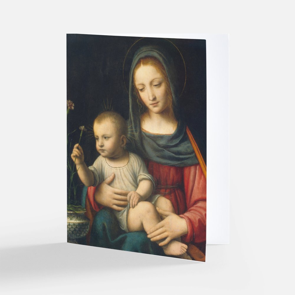 Madonna and Child art print with Mary holding baby and carnation