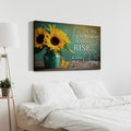 Sunflower faith wall art canvas with green vase and white script text, landscape print
