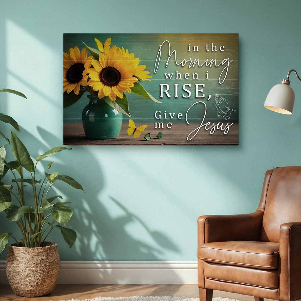 Sunflower faith wall art canvas with green vase and white script text, landscape print