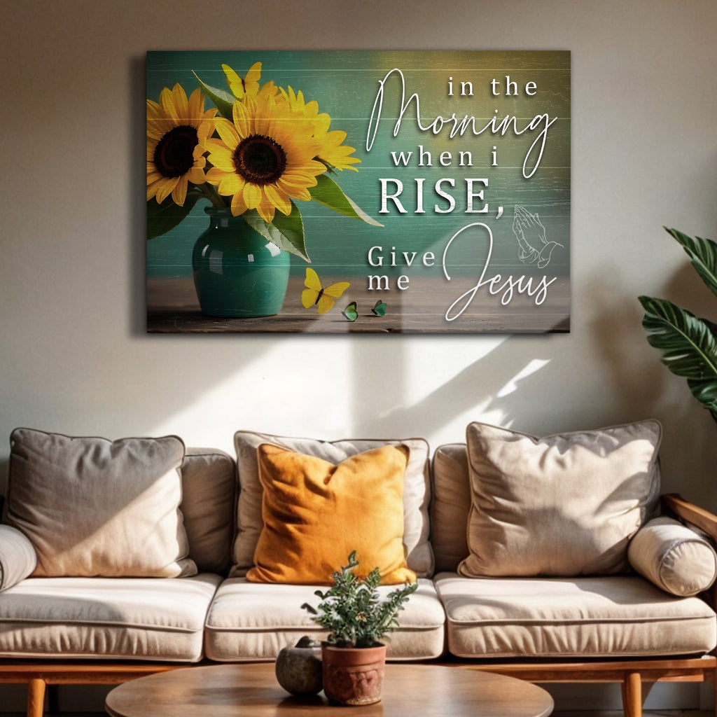 Sunflower faith wall art canvas with green vase and white script text, landscape print
