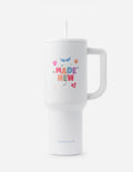 White 40 oz tumbler with handle, straw lid, and colorful “Made New” graphic