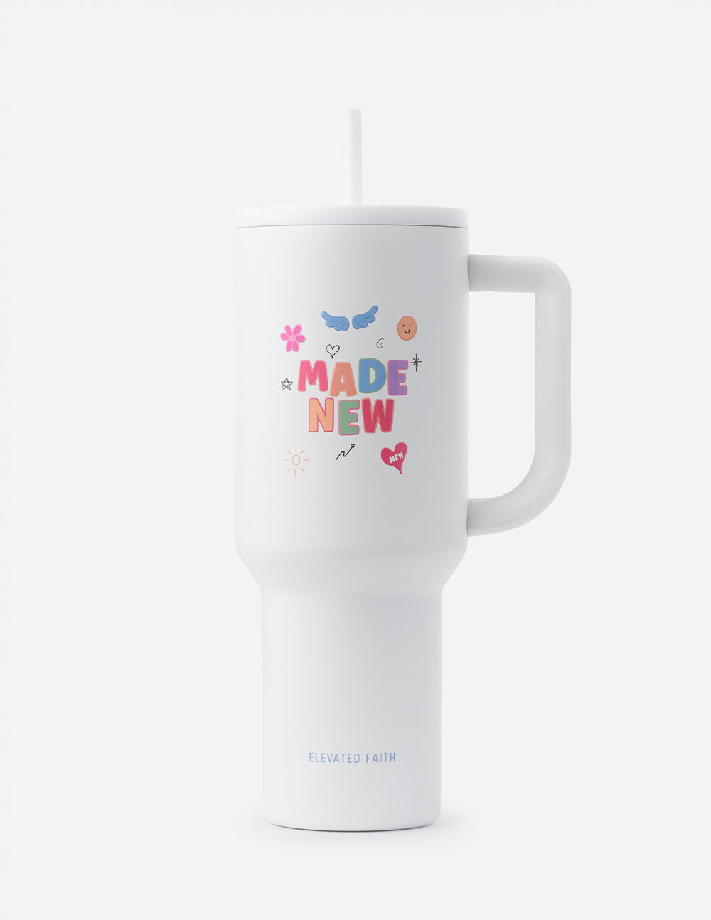 White 40 oz tumbler with handle, straw lid, and colorful “Made New” graphic