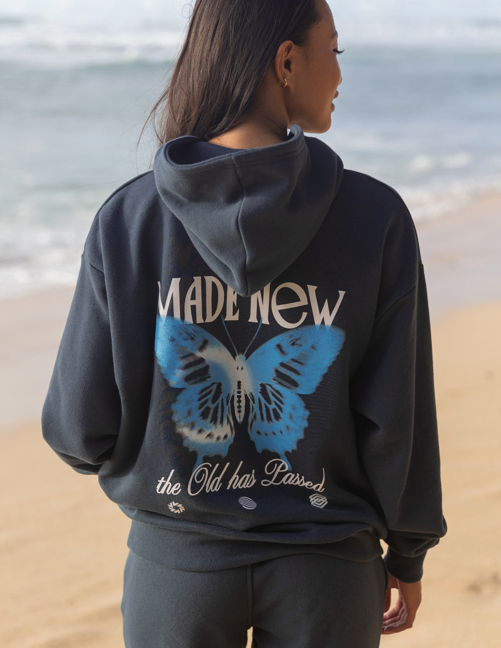 Unisex dark navy hoodie with butterfly back graphic, pullover hood and front pocket