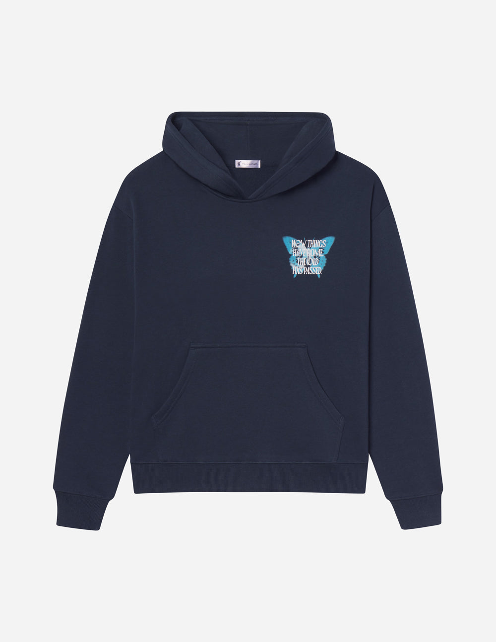 Unisex navy hoodie with front kangaroo pocket and small butterfly chest logo