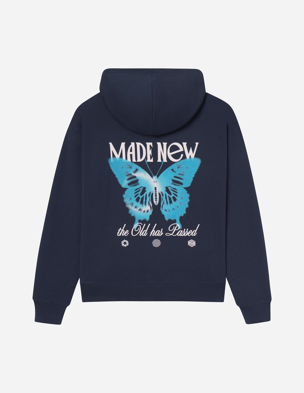 Unisex navy hoodie with large butterfly graphic and text on back, pullover hood