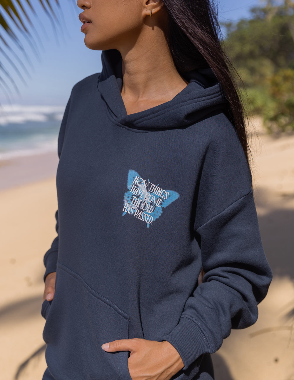 Unisex dark navy hoodie with logo print on chest, kangaroo pocket and hood