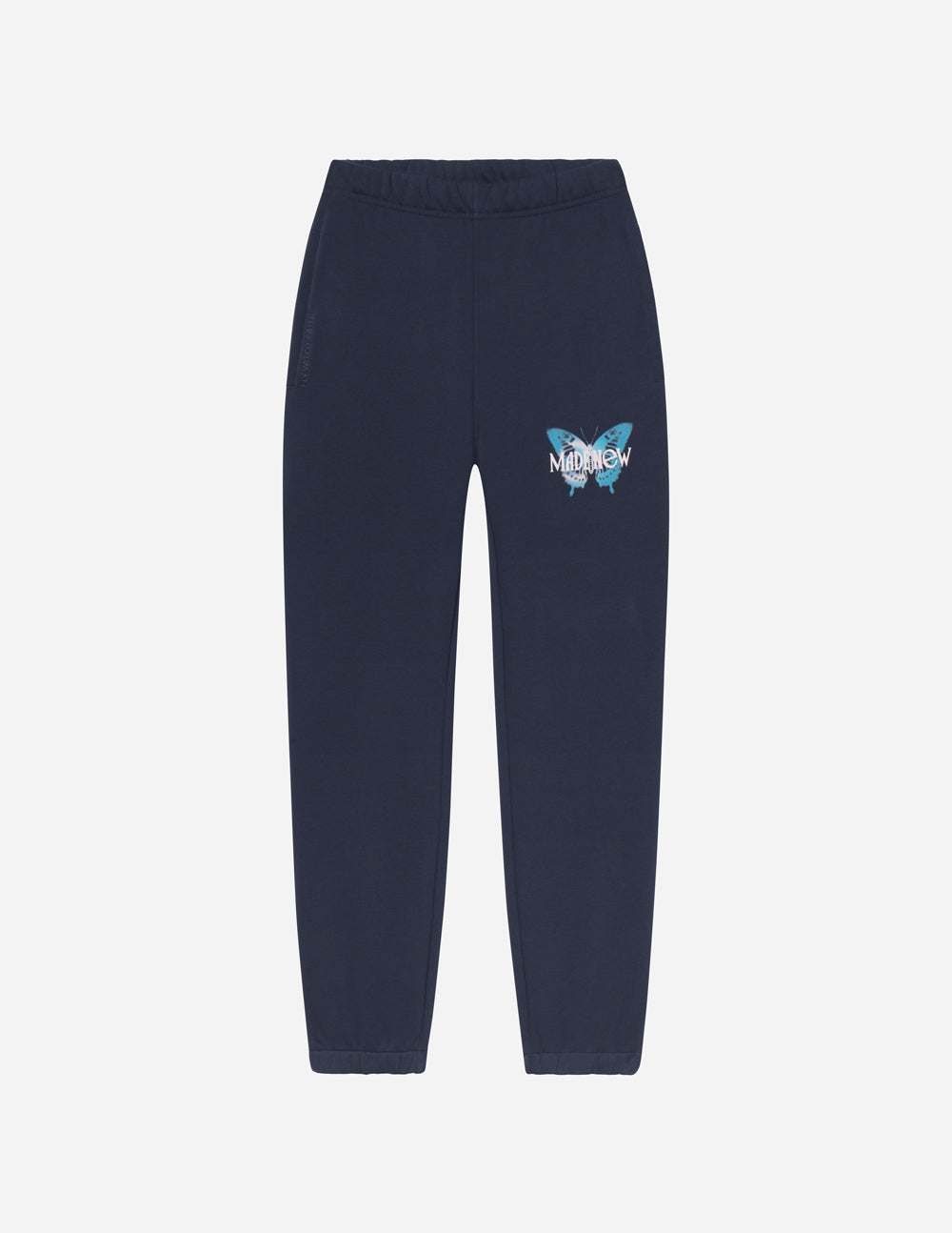Navy unisex sweatpants with butterfly logo graphic on left thigh, cuffed ankle