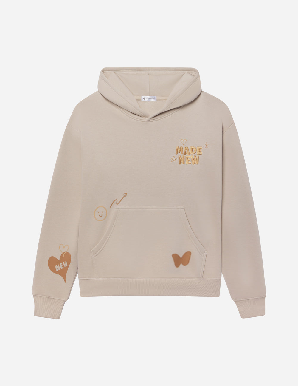 Cream unisex hoodie on white background, featuring a front pocket and printed logo