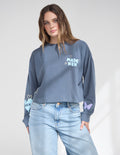 Blue cropped long-sleeve T-shirt with heart and 'MADE NEW' logo