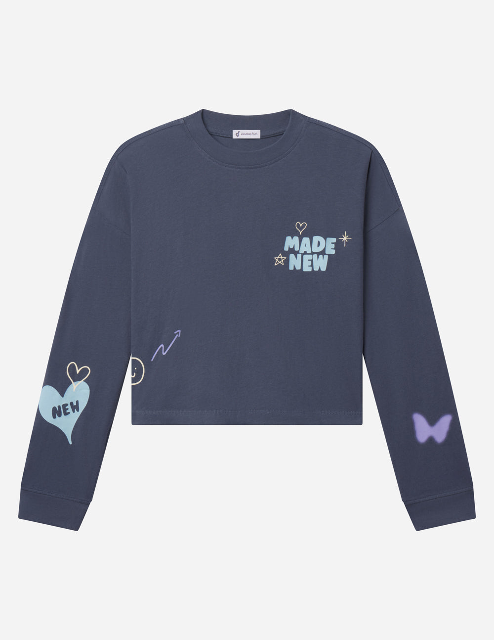 Cropped long-sleeve tee in dark blue with “MADE NEW” chest graphic