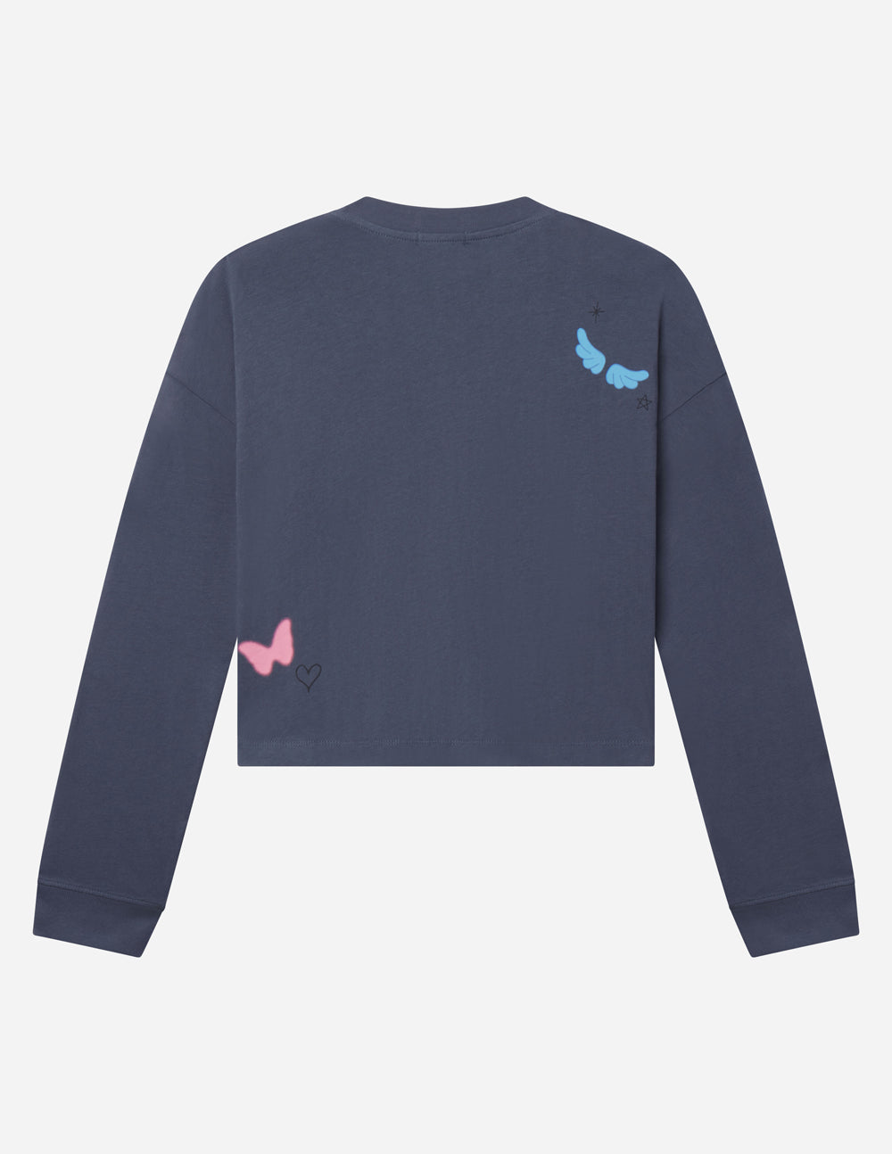 Cropped long-sleeve tee, dark blue, back print with blue butterfly and heart marks