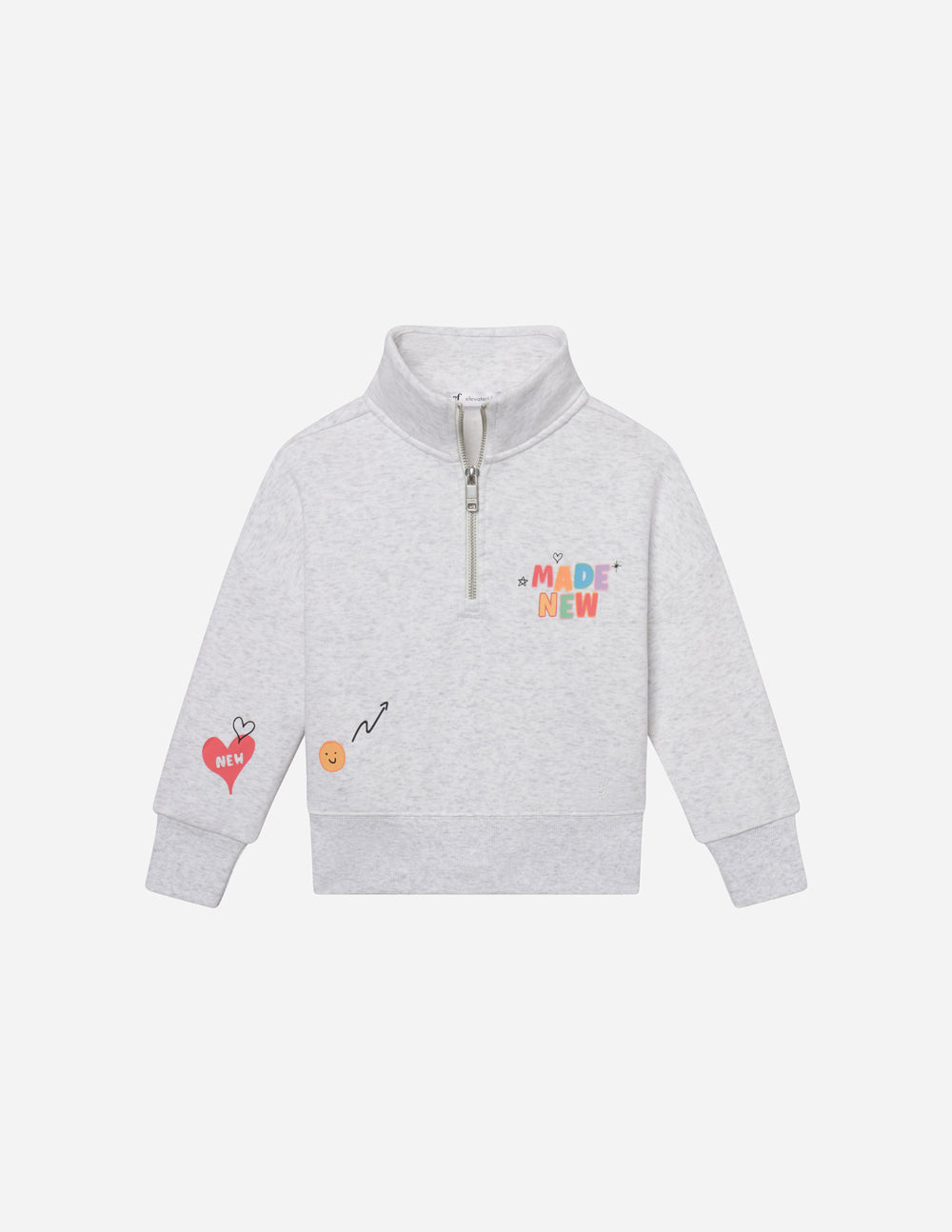 Kids gray half-zip pullover with 'MADE NEW' chest logo and sleeve icons