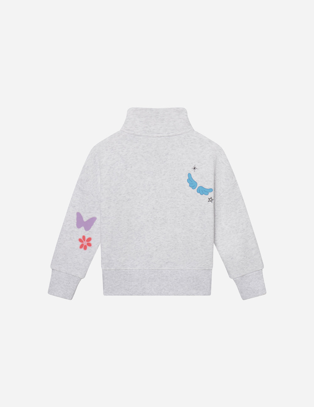 Kids gray half-zip sweatshirt with tall collar and colorful whale and flower prints