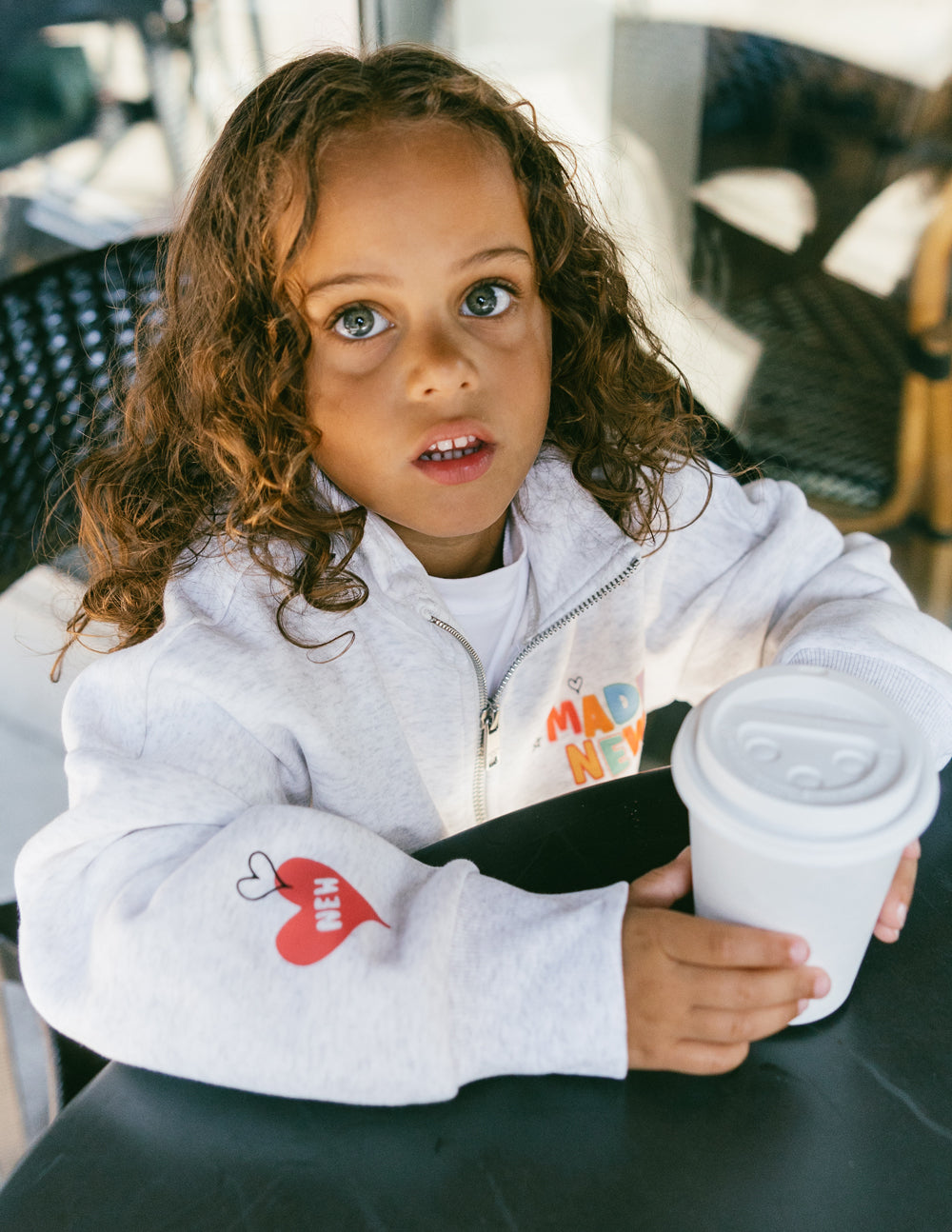 Kids gray half-zip sweatshirt with 'MADE NEW' chest print and front zipper