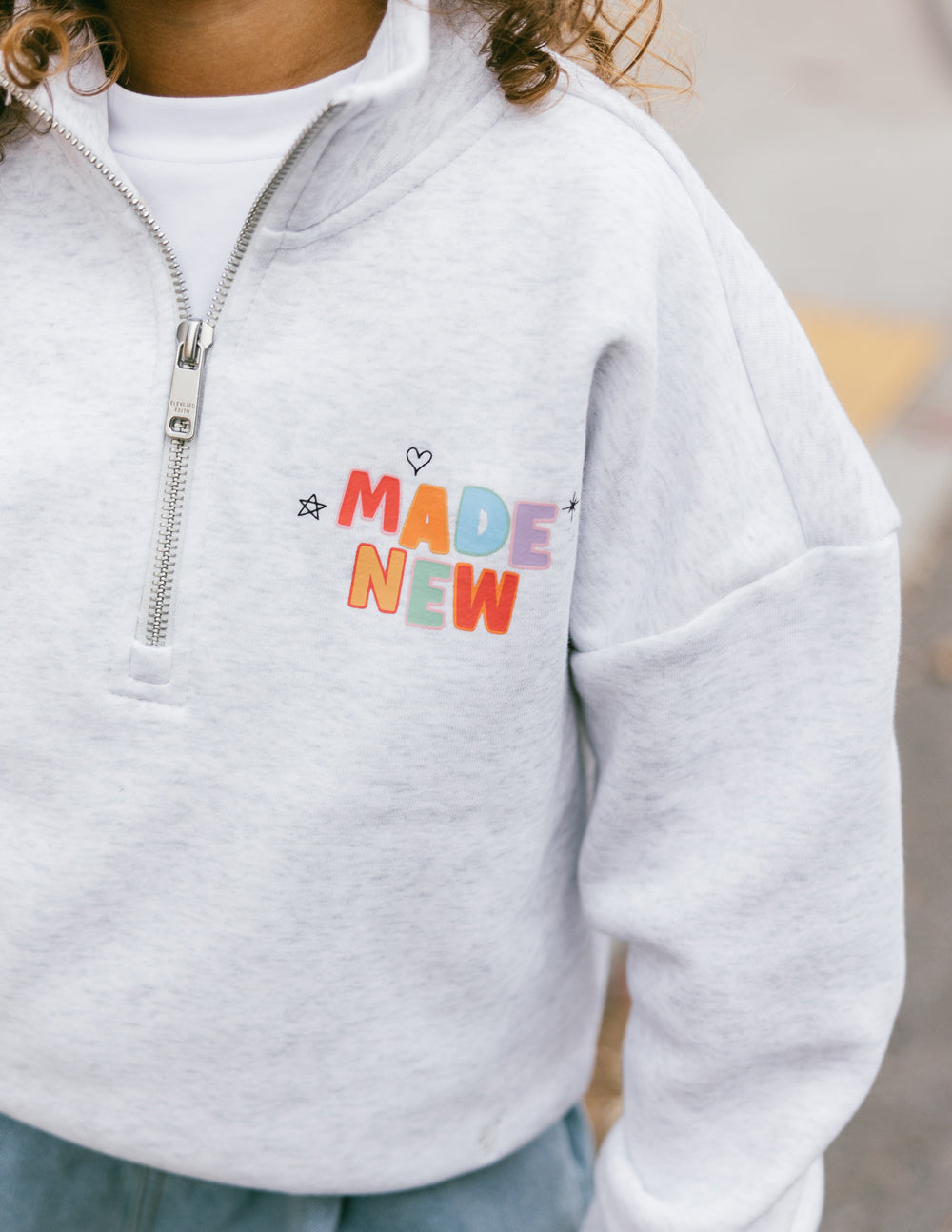 Kids gray half-zip sweatshirt chest logo with front zipper detail