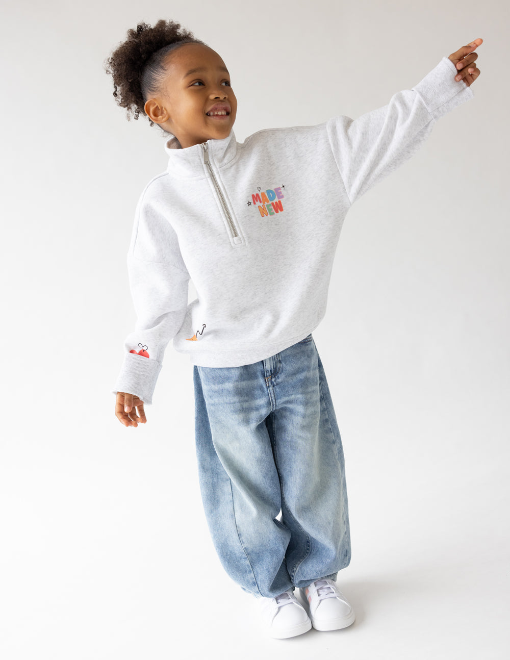 Kids gray half-zip sweatshirt with 'MADE NEW' chest print and long sleeves