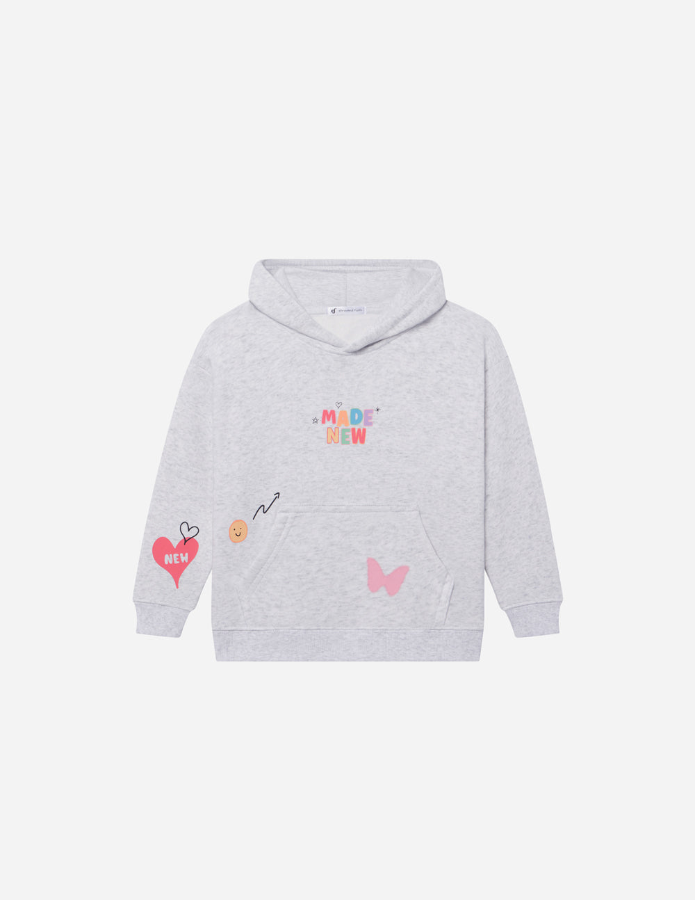 Kids light gray hoodie flat view with hood, long sleeves, and colorful front graphics