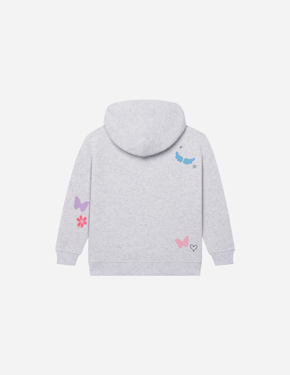 Kids light gray hoodie back view with hood and colorful heart and butterfly prints