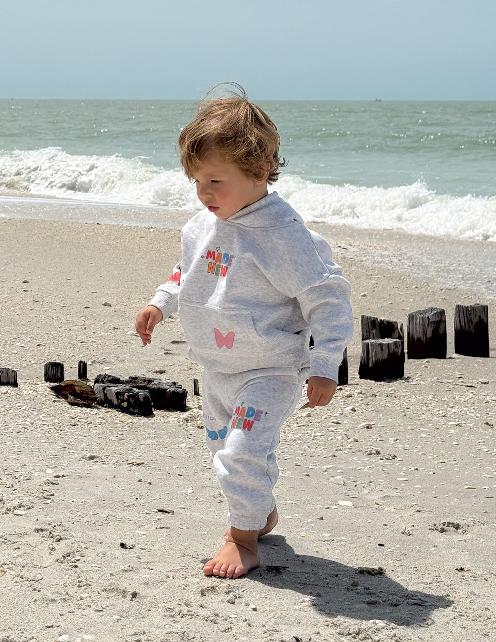 Kids light gray hooded hoodie with colorful Made New and heart prints