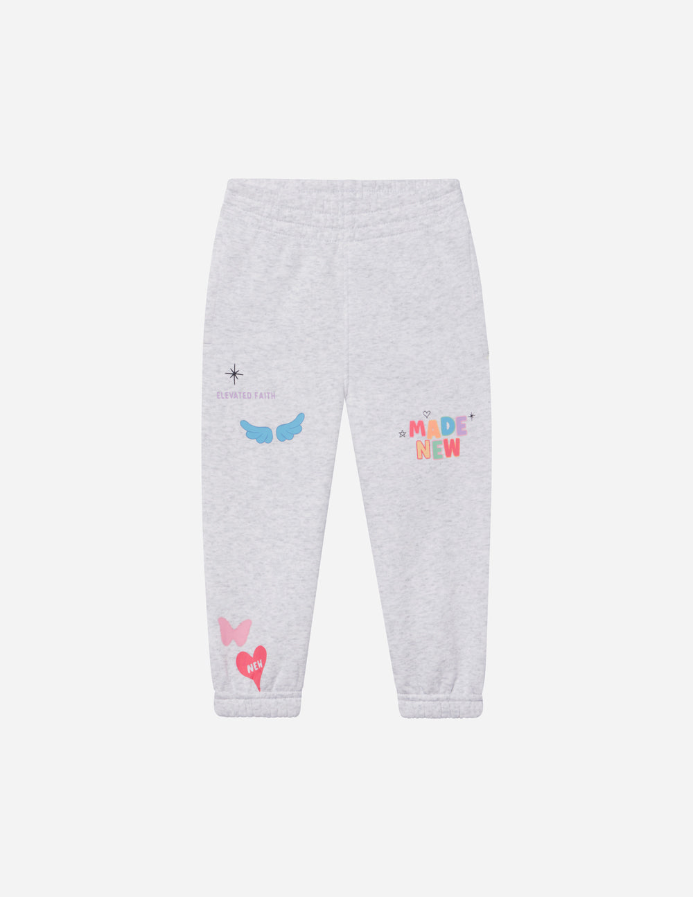 Kids gray sweatpants with elastic cuff hems and whale plus 'MADE NEW' print